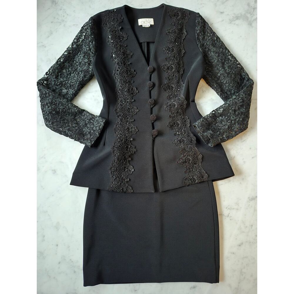 VTG Cache Black Lace Dressy 2 Piece Sheer Sleeve Pencil Skirt Set Made in USA